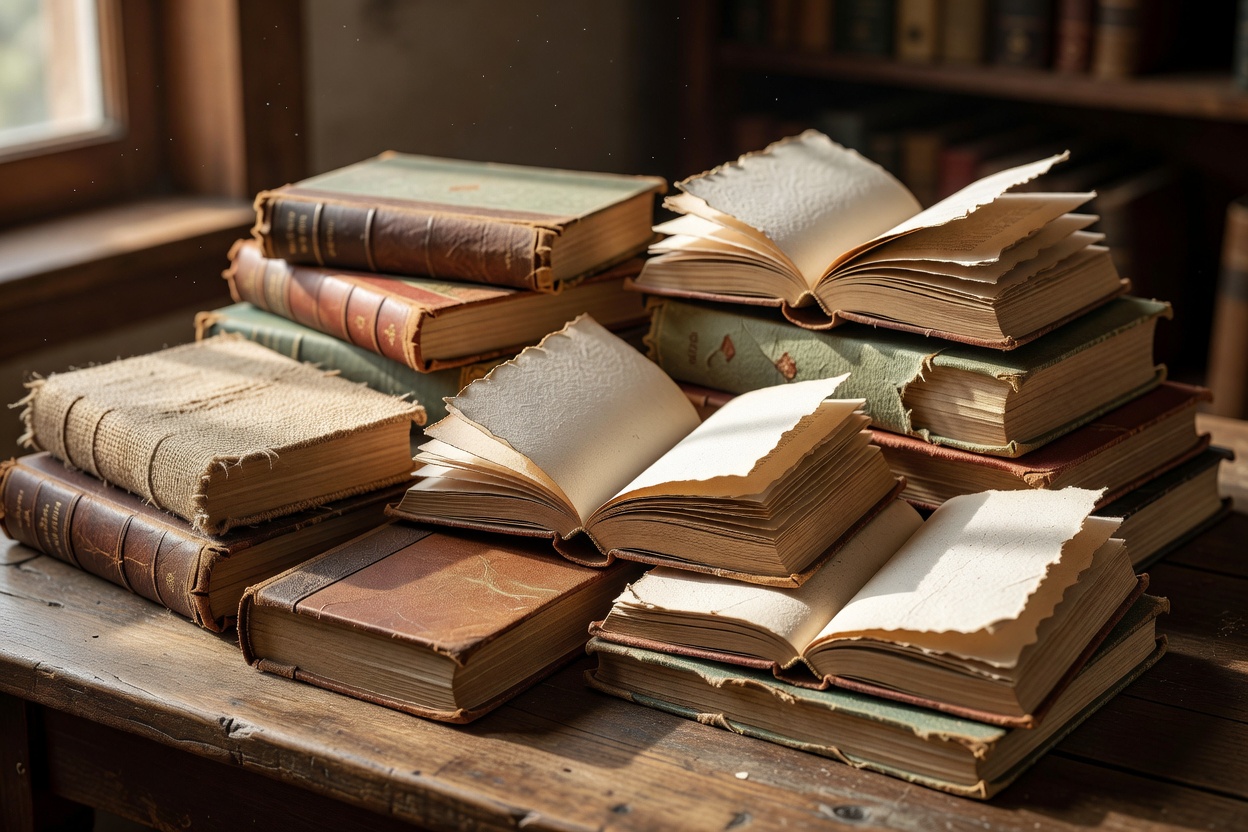 A collection of books with textured covers and paper pages
