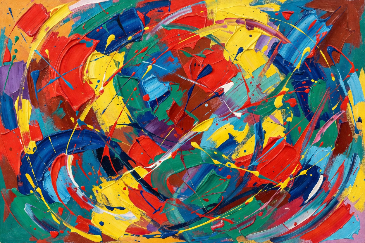 A colourful painting photographed to show its composition and brushwork