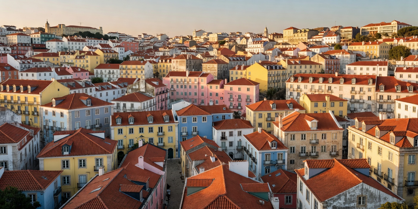 A wide view across Lisbon’s rooftops and hillside buildings