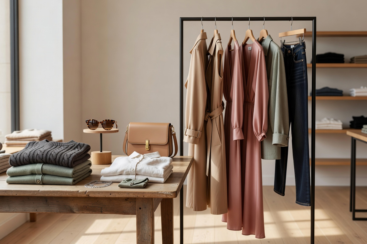 Clothes and accessories arranged for browsing in a shop