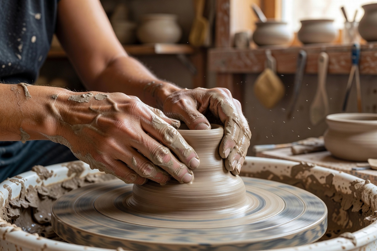 Hands working with clay during the pottery-making process